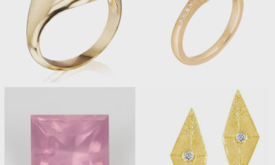 This composite photo shows (clockwise from top left): Greenwich St. Jewelers’ Astra Signet 18k gold and enamel pinky ring; Anza Gems’ 2.50 carat princess-cut orange zircon from Tanzania, cut by Beth Stier and set by Rebecca Overmann; Enji Jewelry Studio’s 14k gold stud earrings featuring Canadamark diamonds; Roger Dery Gem Designs’ 1.28 carat Mahenge (Tanzania) pink spinel, sourced and cut by Dery.