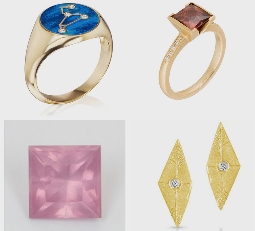 This composite photo shows (clockwise from top left): Greenwich St. Jewelers’ Astra Signet 18k gold and enamel pinky ring; Anza Gems’ 2.50 carat princess-cut orange zircon from Tanzania, cut by Beth Stier and set by Rebecca Overmann; Enji Jewelry Studio’s 14k gold stud earrings featuring Canadamark diamonds; Roger Dery Gem Designs’ 1.28 carat Mahenge (Tanzania) pink spinel, sourced and cut by Dery.