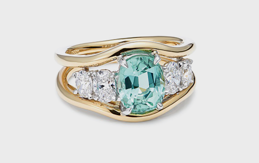 Minka Mermaid  Mint colored tourmaline ring with diamond accents.