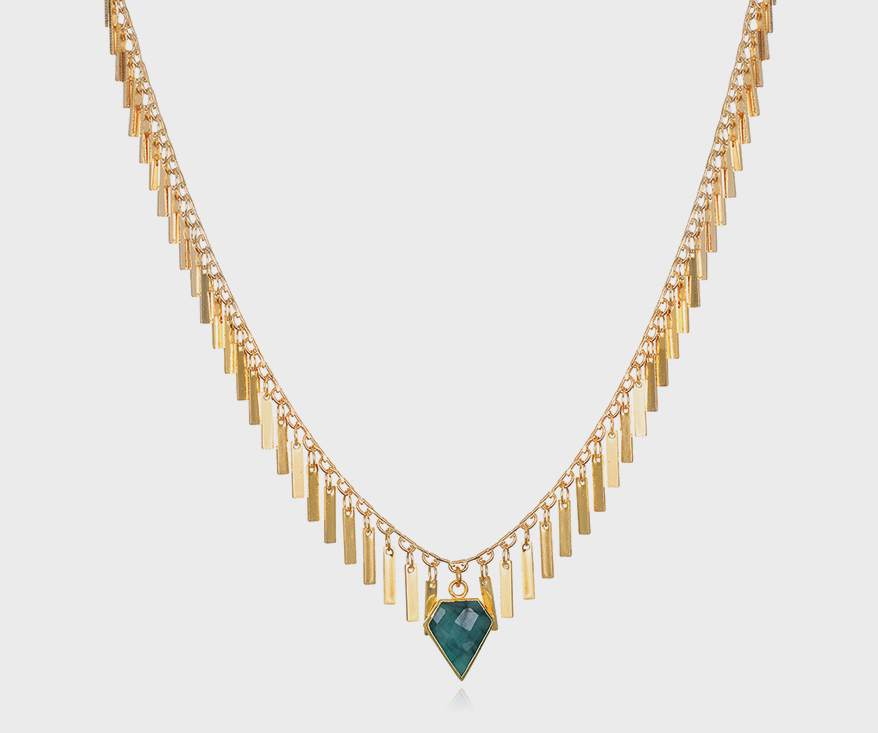 14K yellow gold-plated necklace with green stone.
