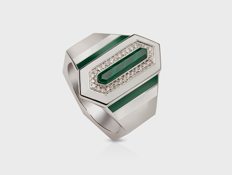 Aveen 18K white gold ring with malachite, diamonds, and enamel.