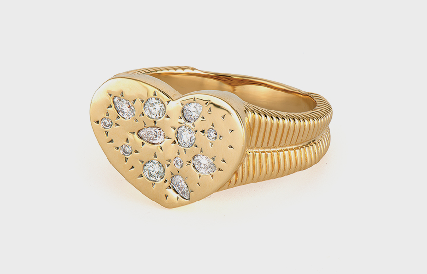 Three Stories 14K yellow gold ring with diamonds.