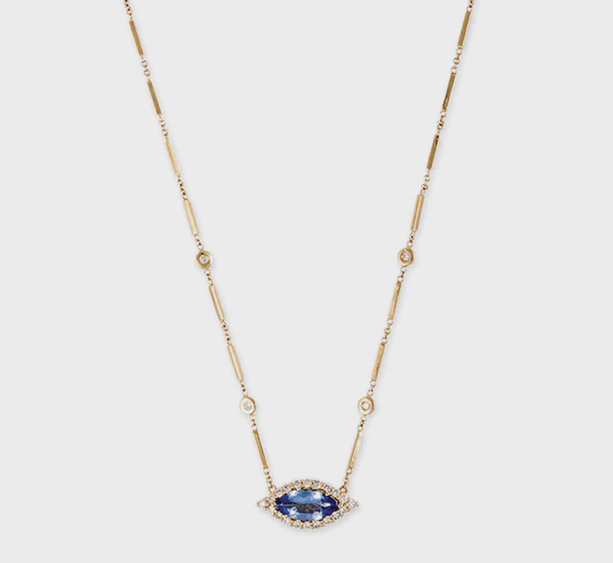 Jacque Aiche  14K gold pave tanzanite Marquise Center Eye diamond and bar necklace.