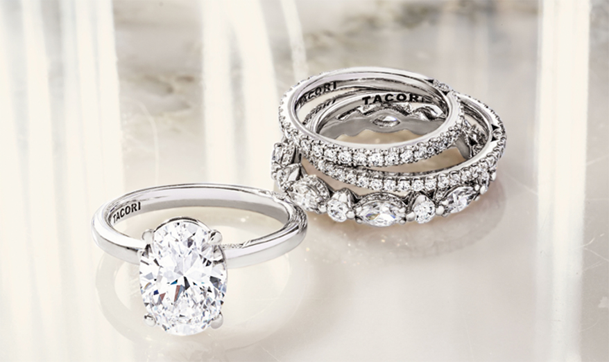 A selection of platinum commitment rings from TACORI