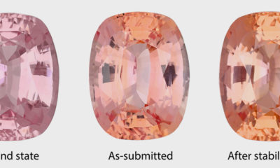 A padparadscha sapphire (3.54 ct) submitted to the GIA laboratory increased its orange color during the color stability test. If left in the dark for an extended period, the color could become less orange or even go to straight pink. This can be replicated by exposing the sapphire to intense LED illumination. This stone would be characterized as a padparadscha sapphire because the pink-orange color after the stability test is acceptable. Photos by Diego Sanchez.