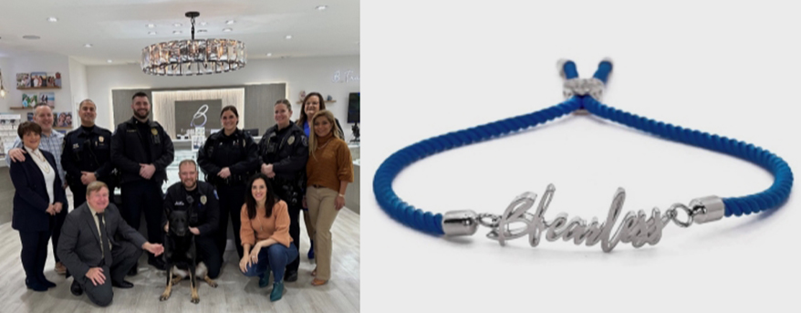 Only 30 more “Thin Blue Line” charity bracelets are left in stock at Baribault Jewelers’ Glastonbury store to benefit the Bristol Police Officers Fund. The family jeweler has raised an additional $1,500 for the non-profit in honor of National Law Enforcement Appreciation Day and hopes to completely sell out of its popular silver and navy-blue cord bracelets, which cost $78. Photos Courtesy of: Baribault Jewelers