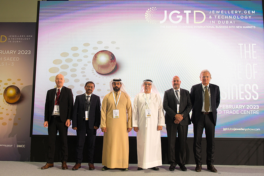 Opening ceremony, from left: Corrado Peraboni, CEO of Italian Exhibition Group; Sabyasachi Ray, Executive Director of the Gem & Jewellery Export Promotion Council; Ahmed Bin Sulayem, Executive Chairman and CEO of DMCC (Dubai Multi Commodities Centre); Tawhid Abdullah, Chairman of the Dubai Gold and Jewellery Group; Clement Sabbagh, President of the International Colored Gemstone Association, and David Bondi, Senior Vice President of Informa Markets in Asia, lead the opening of Jewellery, Gem & Technology in Dubai (JGTD) today, 12 February. JGTD is on until Tuesday, 14 February.