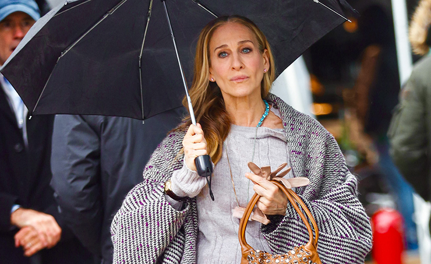 Sarah Jessica Parker on set in And Just Like That wearing the Briony Raymond aqua necklace