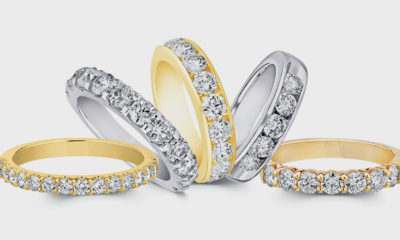 Anniversary bands by Shefi featuring 0.25 TCW diamonds each in yellow gold and white gold