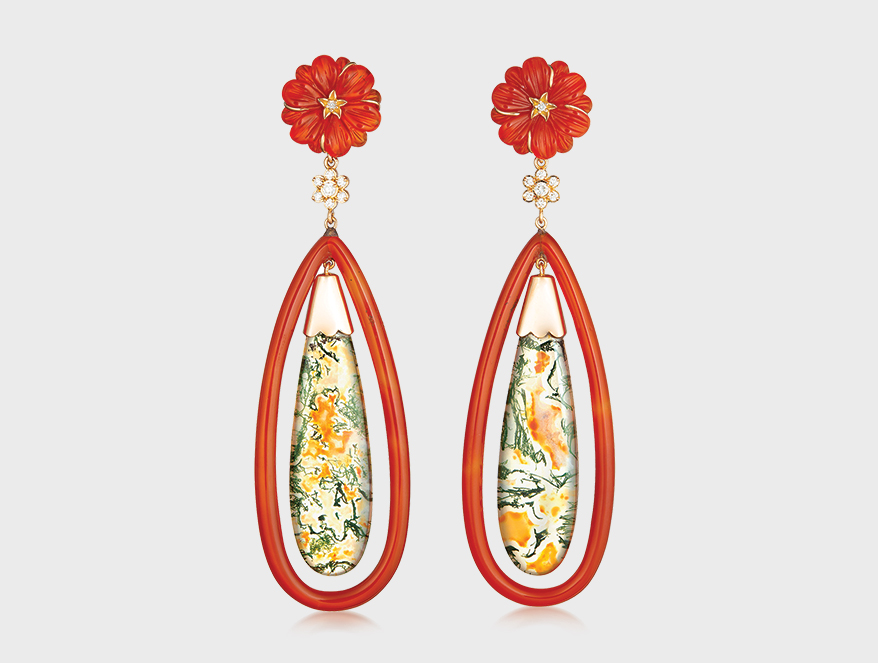 Guita M 18K yellow gold earrings with moss agate, red agate and diamonds.