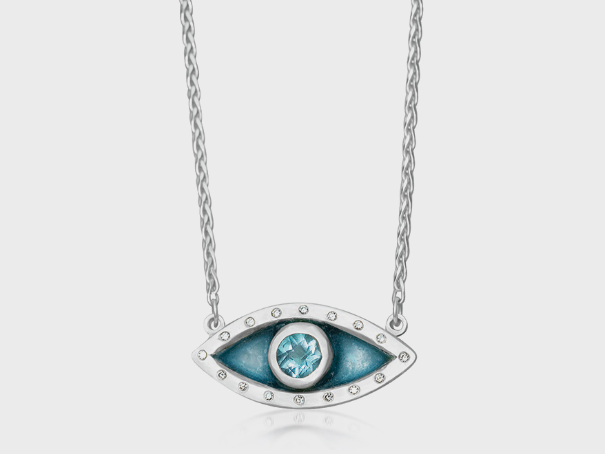 Sterling silver necklace with hand-painted ombré enamel, topaz and diamonds.