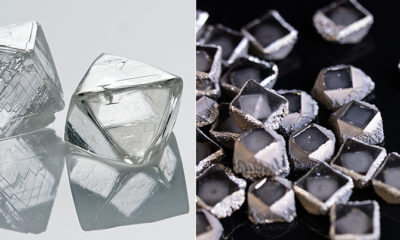 From left to right: Natural rough diamonds (photo by Leo Bieber), Unpolished CVD (Carbon Vapor Deposition) laboratory-grown diamonds.