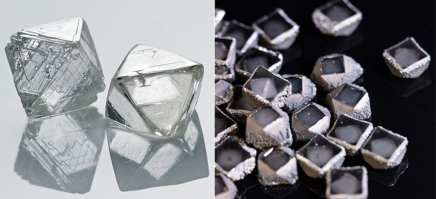 From left to right: Natural rough diamonds (photo by Leo Bieber), Unpolished CVD (Carbon Vapor Deposition) laboratory-grown diamonds.