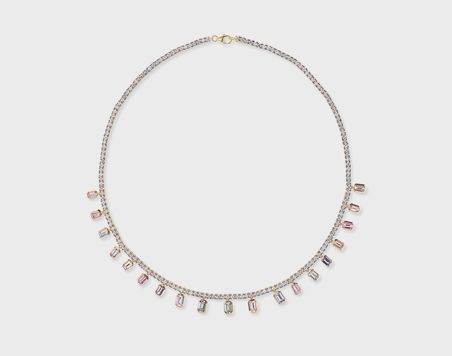Sorellina 18K gold one-of-a-kind tennis necklaces with pastel sapphire baguette drops.