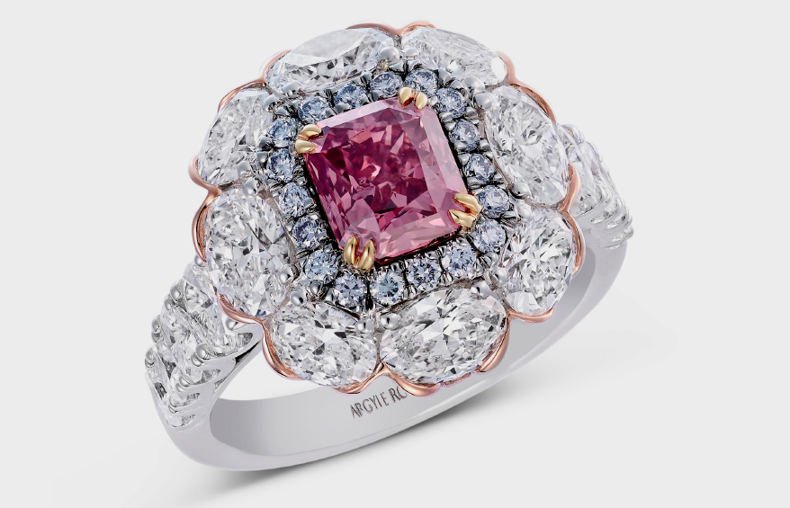 The Argyle Rose Ring: 1.36 carat radiant shaped Argyle Pink Diamond of Fancy Deep Pink.