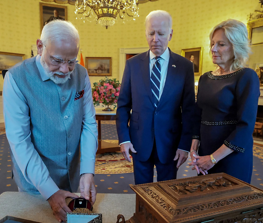 Prime Minister Narendra Modi gifts to the U.S. First Lady Dr. Jill Biden a lab-grown 7.5-carat green diamond in the presence of the U.S. President Joe Biden at the White House on June 22, 2023. PHOTOGRAPHY: Courtesy ANI/Reuters
