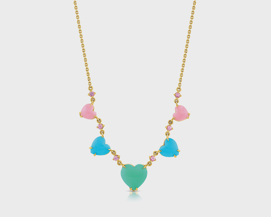 M. Spalten 14K yellow gold necklace with chrysoprase, turquoise, opal, and sapphire.