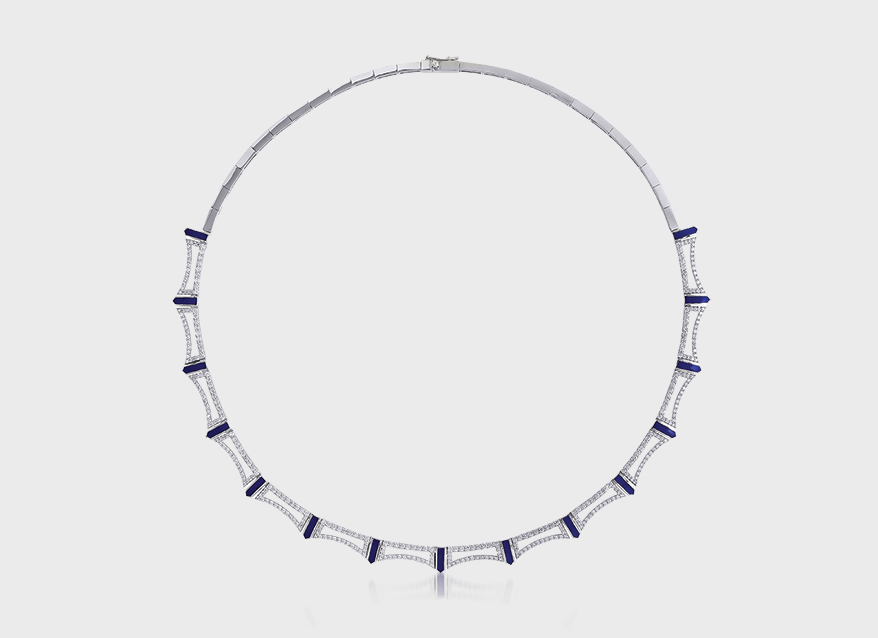 TOKTAM 18K white gold necklace with diamonds (25.09 TCW) and blue enamel.
