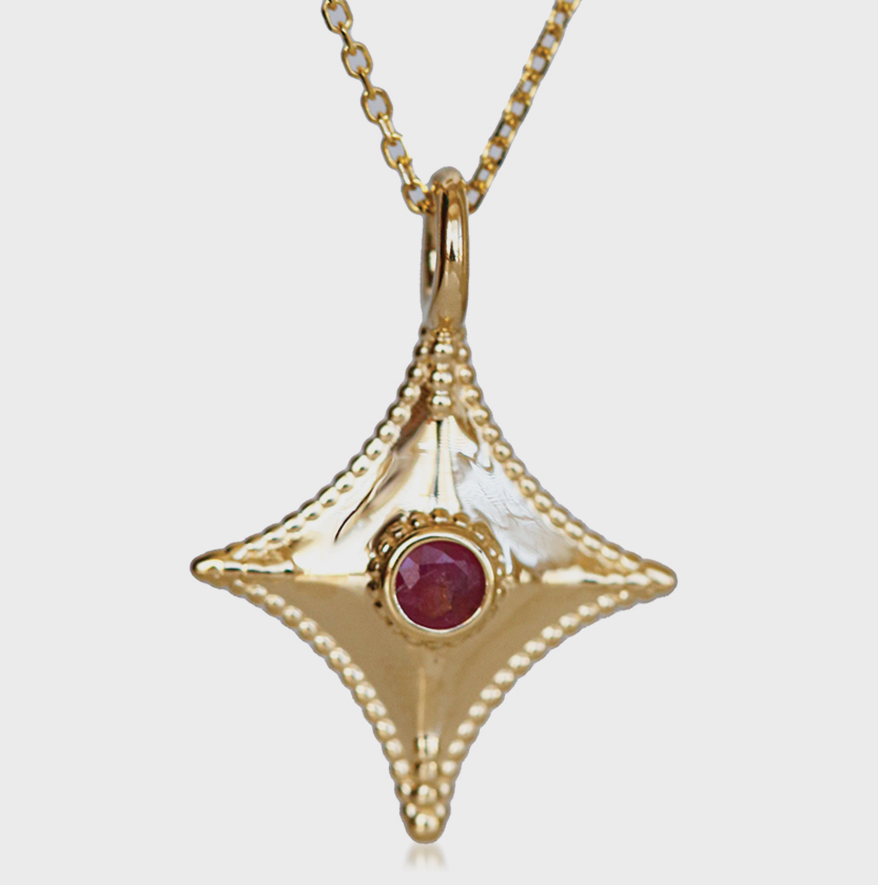 Erin Pelicano 14K yellow gold pendant necklace with ruby.