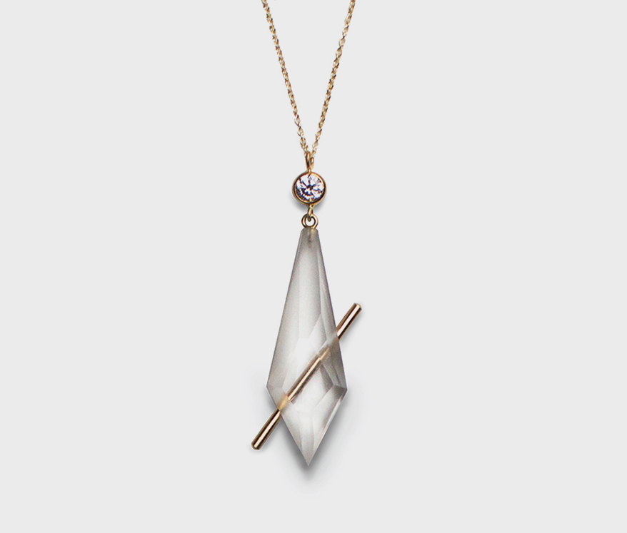 Olivia Shih Recycled 22K and 14K yellow gold necklace with rock crystal and diamond.