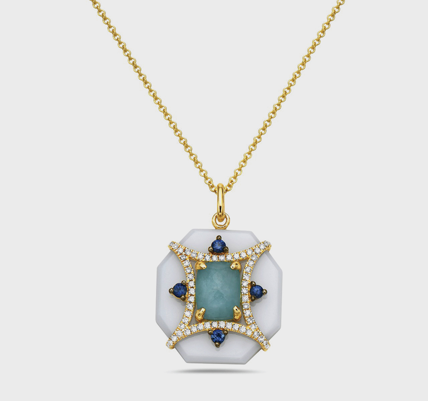Shula New York Ltd. 14K yellow gold pendant necklace with amazonite, sapphires (0.25 TCW), diamonds (0.09 TCW), and ceramic.