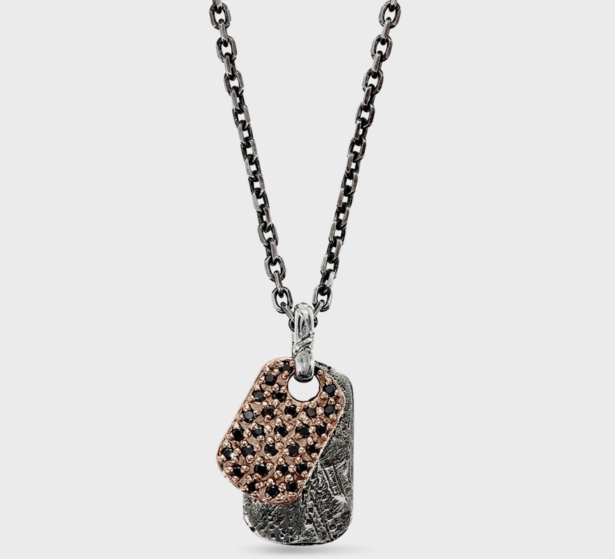Karen Karch Double dog tag in 10K rose gold with black diamonds and textural silver.