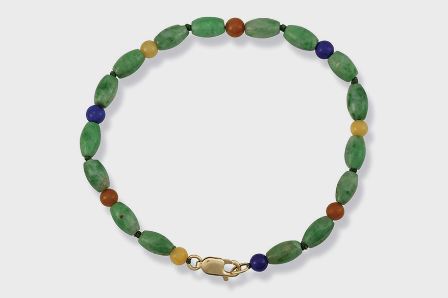 Mason-Kay Jade Green jade bead bracelet with lapis, red jade, yellow jade and 14K yellow gold.