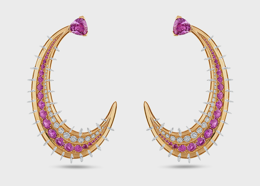 REZA’s Crescent hoop earrings in rose gold with pink sapphires