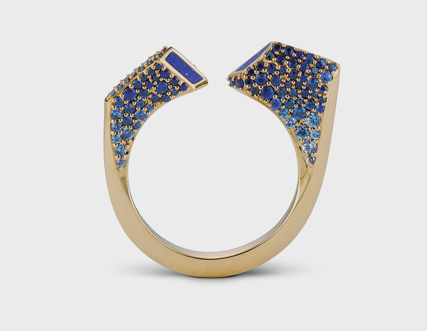 JV Insardi Fine Jewelry 18K yellow gold ring with lapis inlay and sapphires.