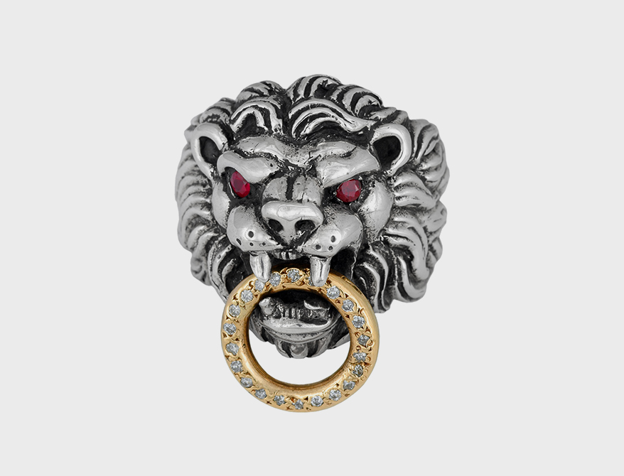 King Baby Silver ring with 18K yellow gold, rubies, and diamonds.