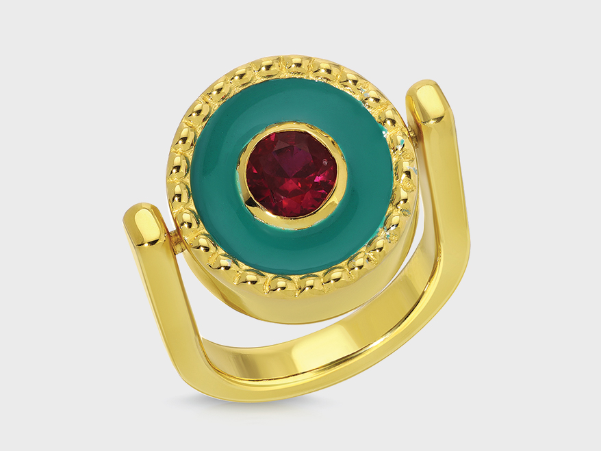 Monbouquette 24K gold-plated ring with enamel and CZ.