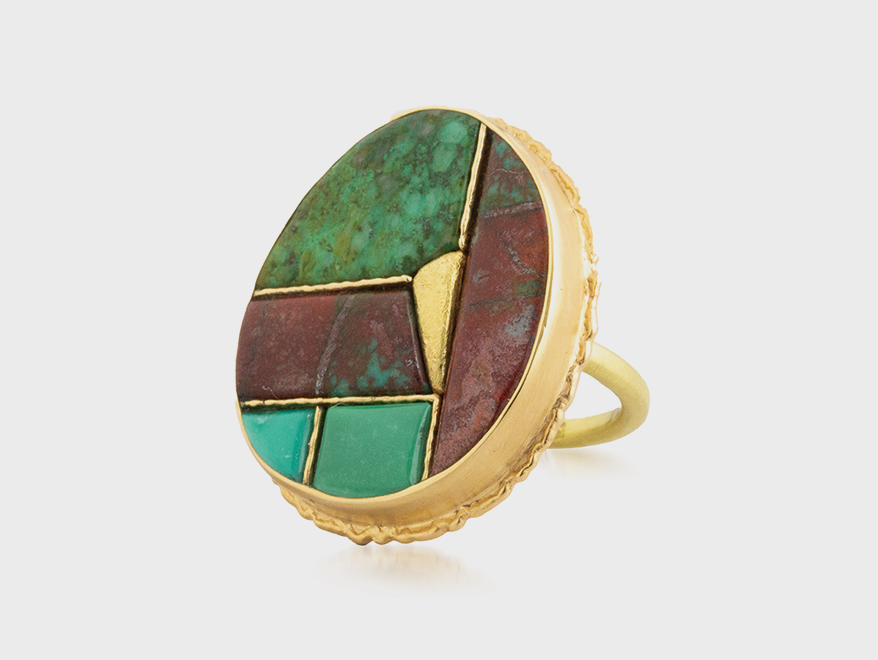 Jamie Joseph 18K yellow gold ring with cuprite and turquoise.