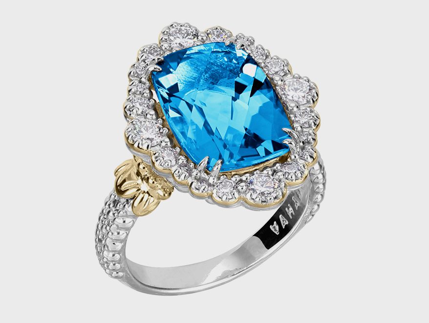 VAHAN 14K white and yellow gold ring with sterling silver and blue topaz.