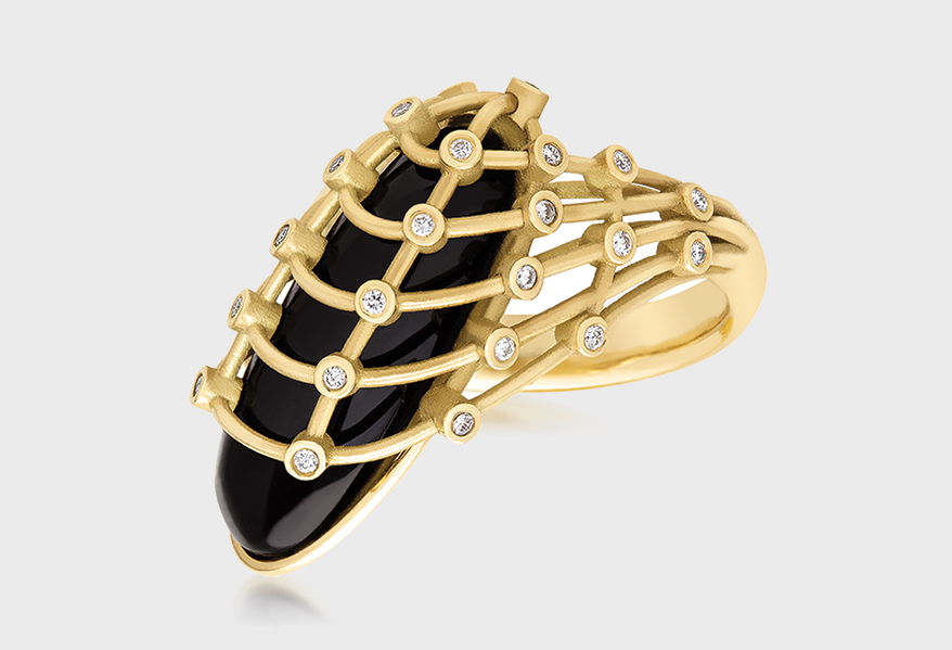 Rachel Weld Recycled 18K yellow gold ring with nephrite black jade and diamonds