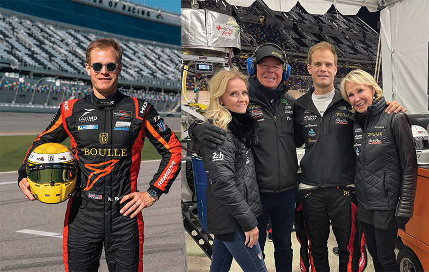 Nick Boulle, president of de Boulle Diamond and Jewelry in Dallas and Houston, TX, in his racing gear (left) and with sister Emma, father Denis and mother Karen.