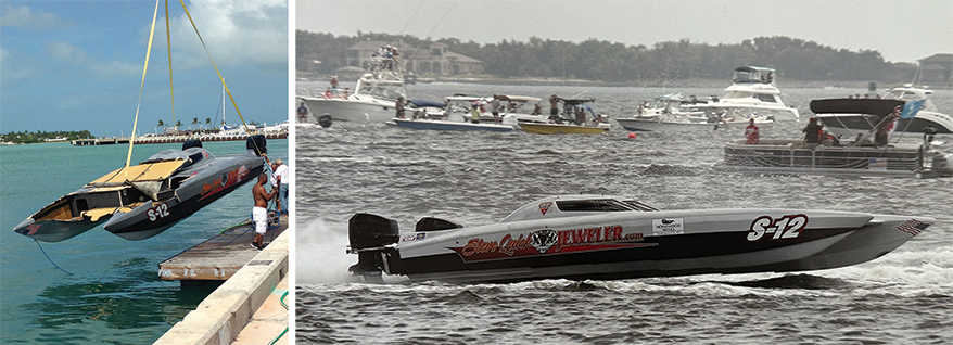 Steve Quick’s high-powered catamaran, below, before it was badly damaged in a wreck, left. He has since moved on to car racing with strict safety protocols.