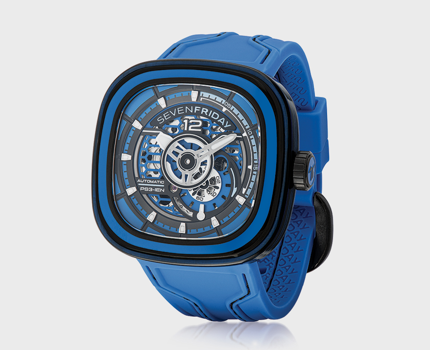 Sevenfriday Stainless steel, carbon fiber, and resin watch with sapphire crystal case.