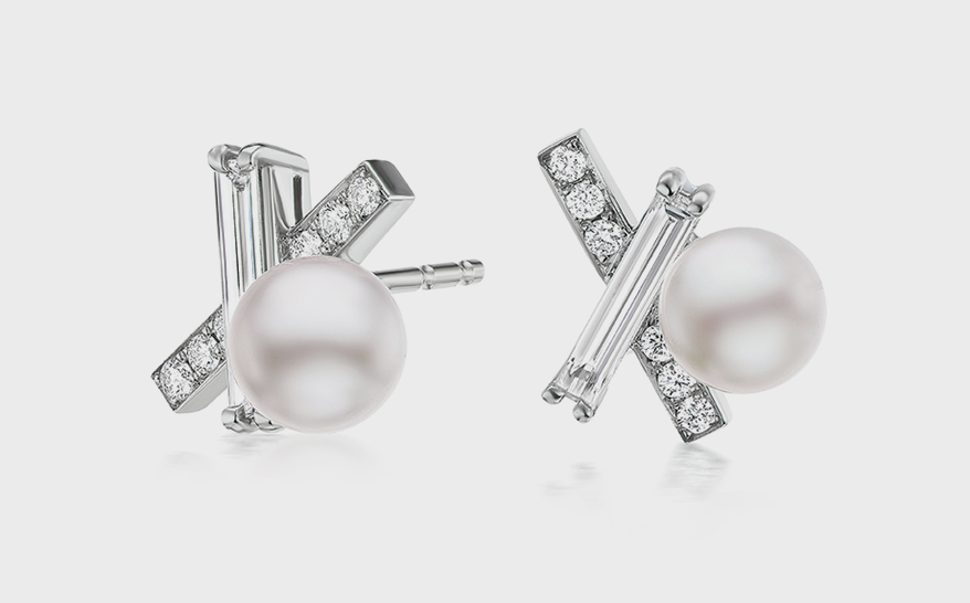 Anne Baker baguette diamond and melee diamond crossed bar and pearl studs.