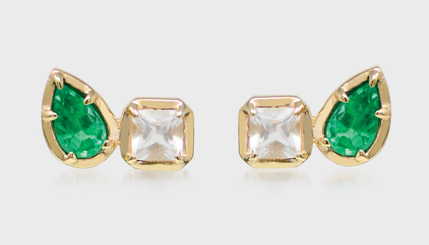 14K yellow gold stud earrings with topaz and emerald