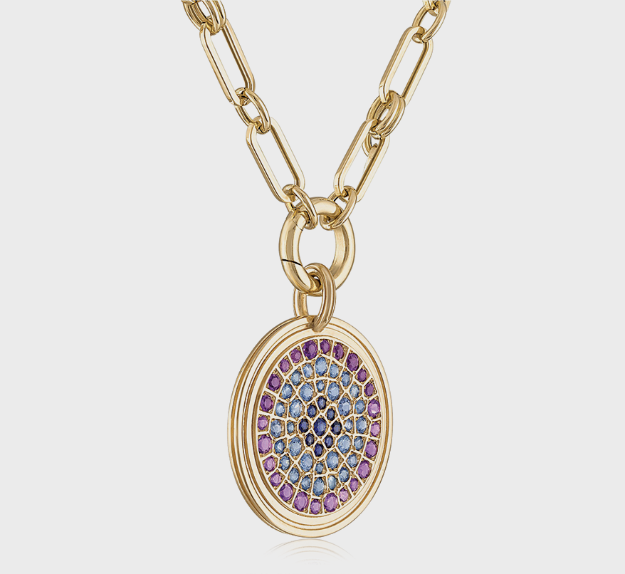 14K yellow gold pendant necklace with sapphire and amethyst