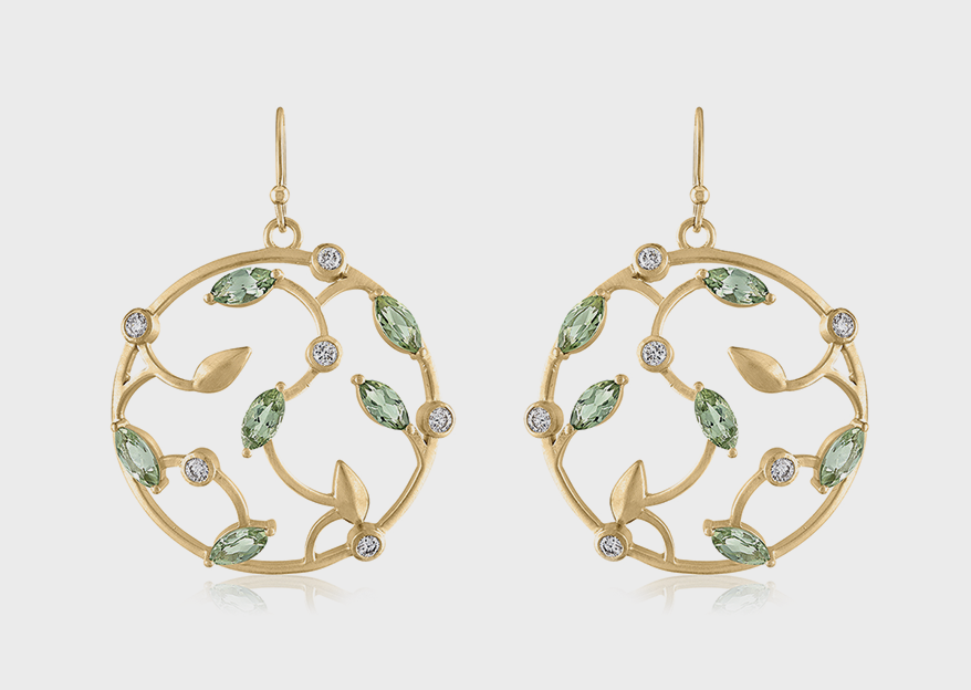 14K yellow gold earrings with tourmaline and diamonds
