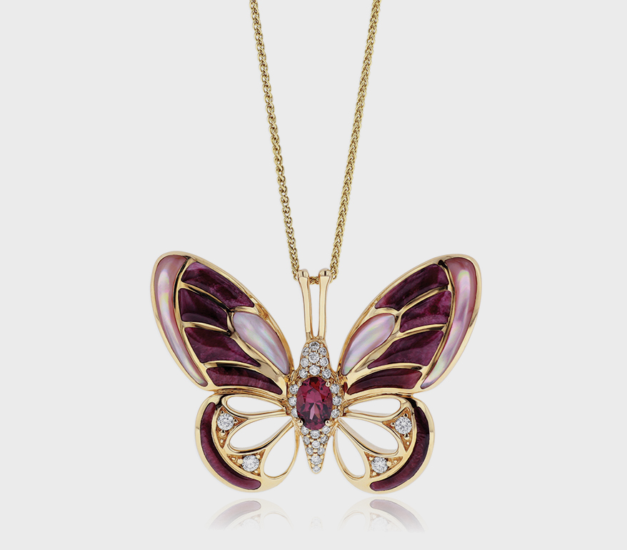 Kabana 14K yellow gold pendant necklace with mother of pearl, spiny oyster, rhodolite garnet, and diamonds.