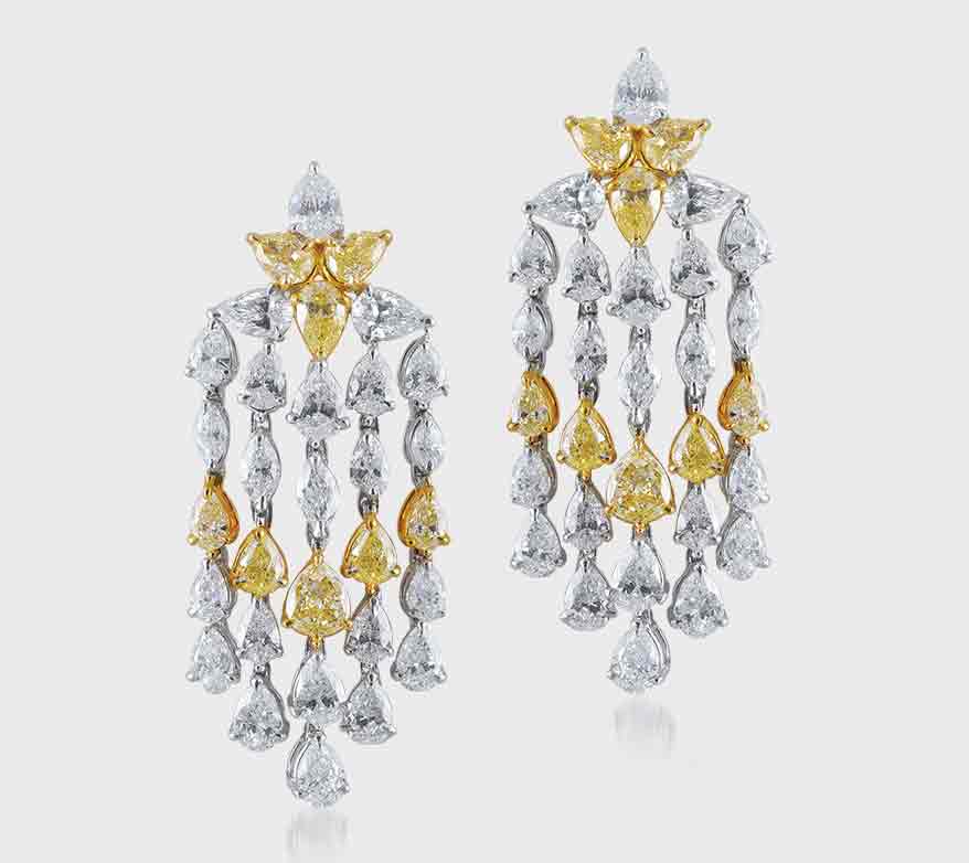 platinum and 18K yellow gold earrings with yellow diamonds (8.36 TCW) and white diamonds (18.02 TCW)