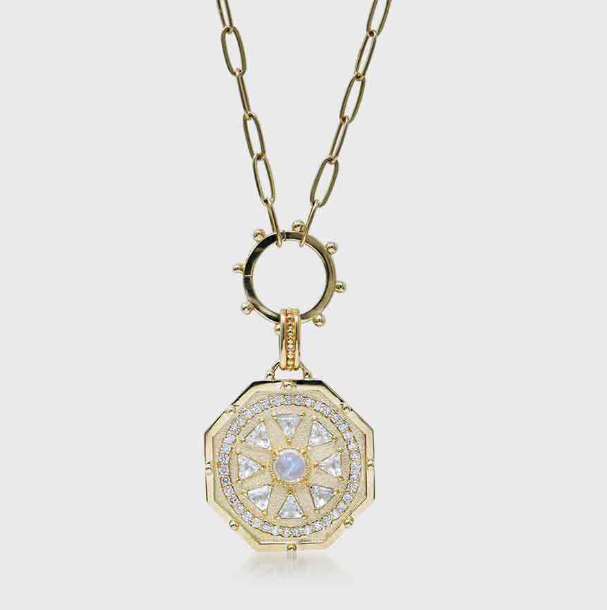 Anzie Jewelry 14K yellow gold pendant necklace with topaz, moonstone, and diamonds.