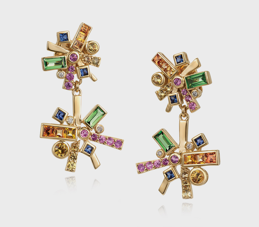 18K yellow gold earrings with diamonds and sapphires