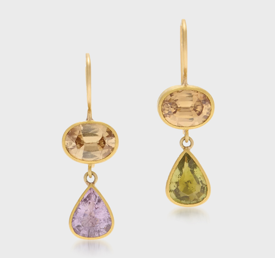 Mallary Marks 18K and 22K yellow gold bezel-set mismatched earrings of light brown zircon and Mozambique tourmalines.