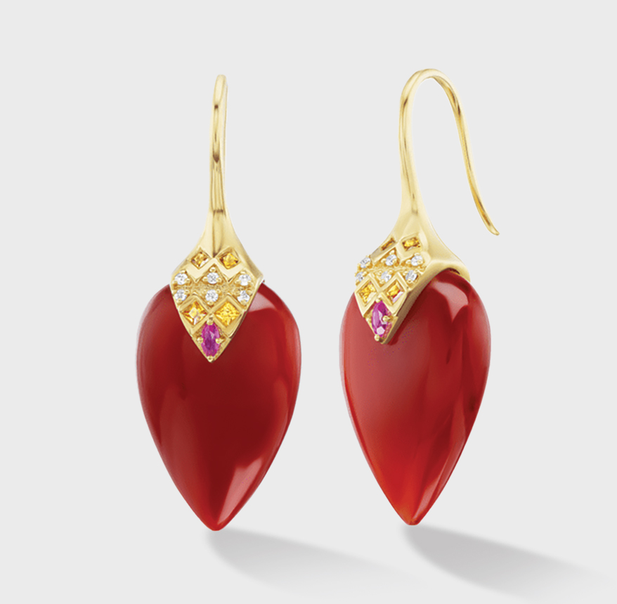 Orly Marcel 18K gold Temple Carved carnelian earrings with colored sapphire accents.