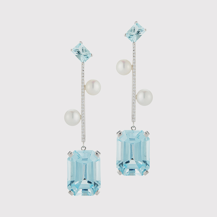 Mateo New York 14K white gold earrings with diamonds, aquamarine, pearls, and blue topaz.