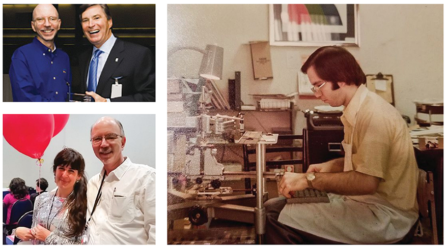 (clockwise from top left) David Geller with Stuller founder Matt Stuller; in his retail shop during his first year in business, 1974; and with Olympian Diamonds’ Aleah Arundale at an industry event.