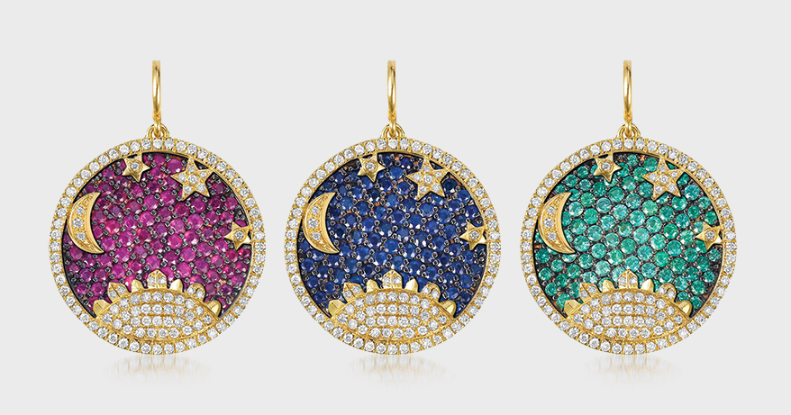 14k yellow gold charm with interchangeable discs paved with emeralds, sapphires and rubies.